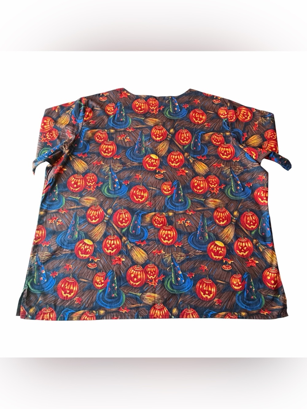 VTG Halloween Scrub Top Jack O Lantern Pumpkins Witch Hats Short Sleeve Size 4X - Picture 14 of 16
